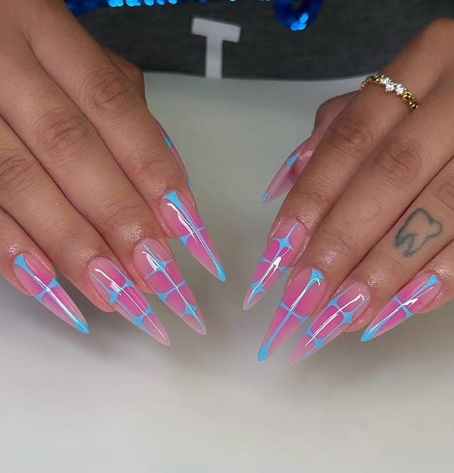 11. Pink and Blue Geometric Stiletto Nails - pink and blue nail ideas