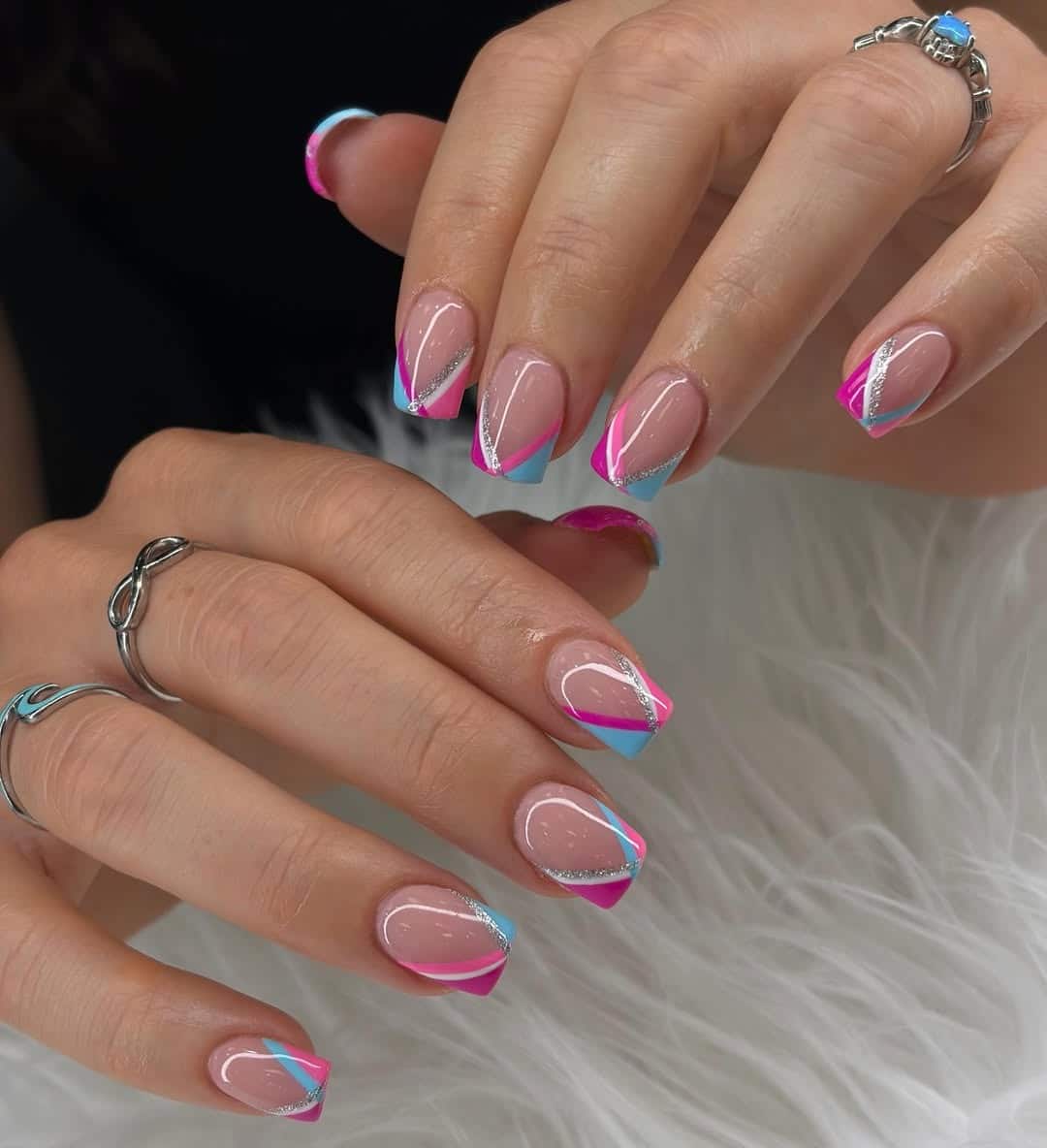 12. Pink and Blue Glitter French Square Nails - pink and blue nail ideas