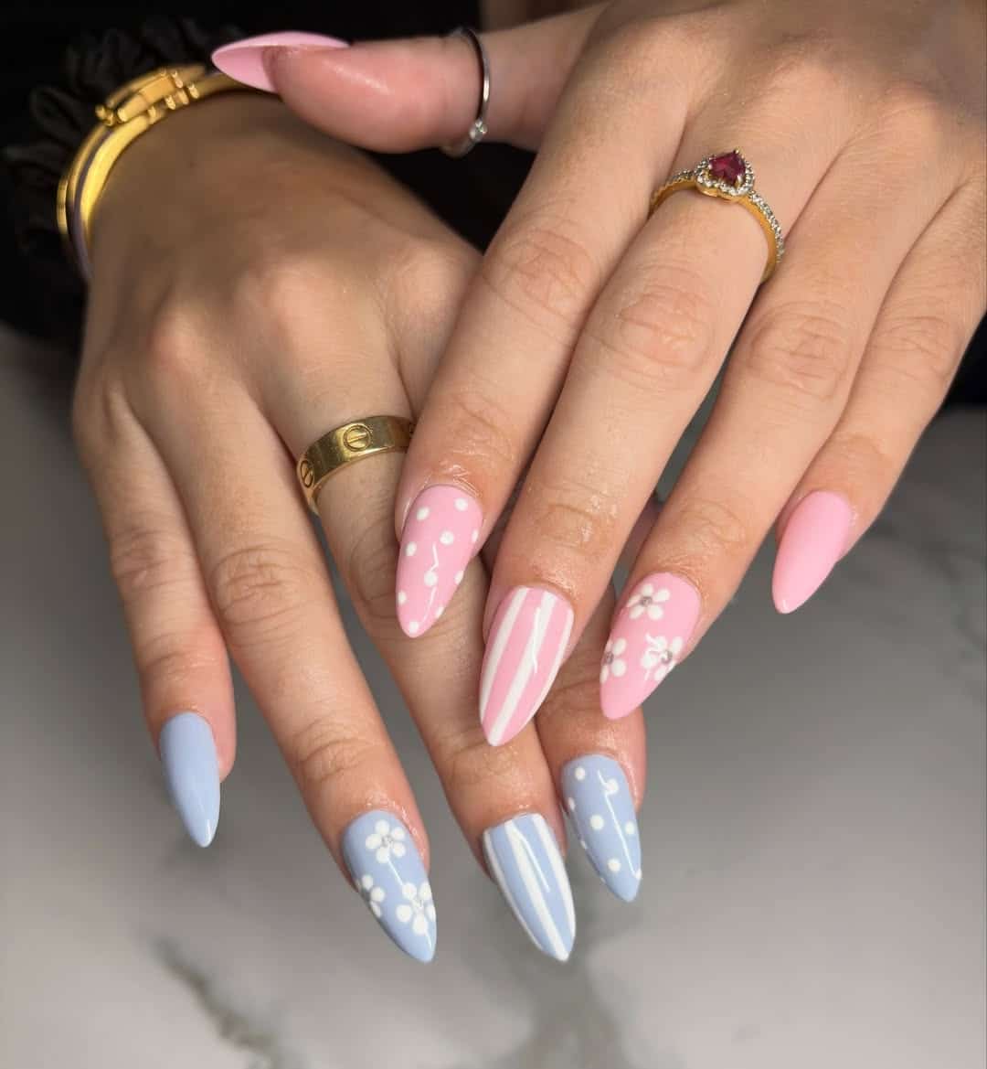 14. Pastel Pink and Blue Striped Almond Nails - pink and blue nail ideas