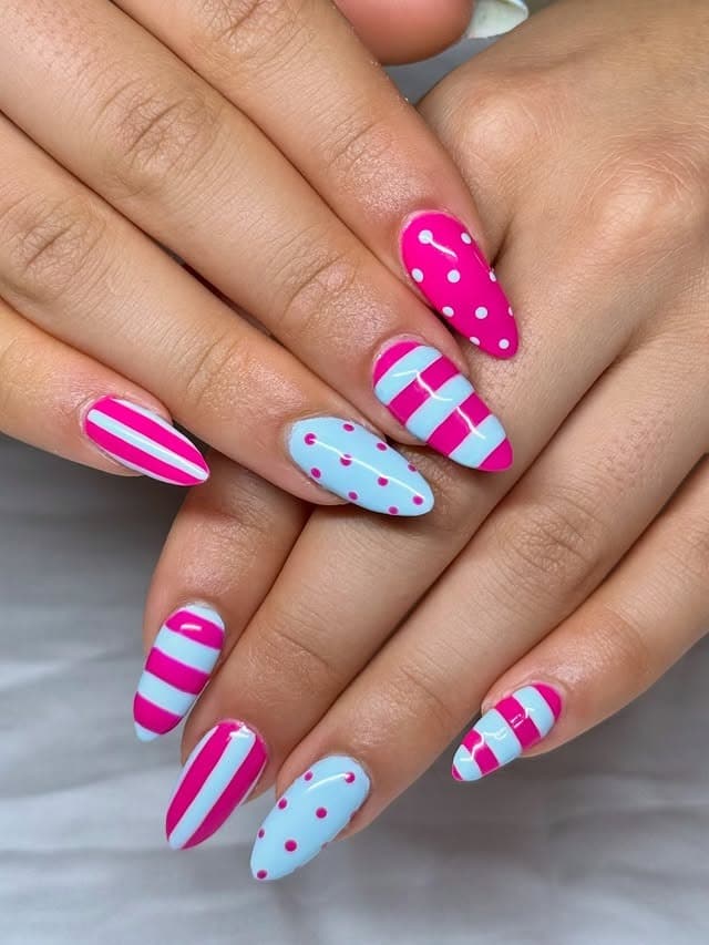 17. Pink and Baby Blue Striped Almond Nails - pink and blue nail ideas