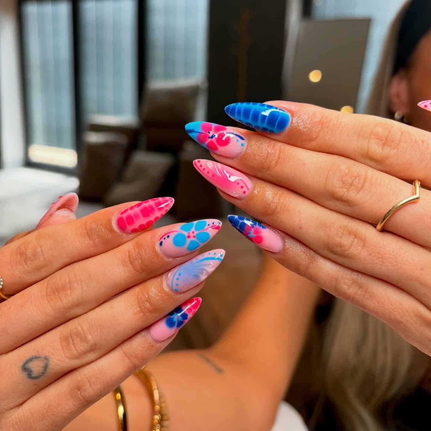 19. Pink and Blue Abstract Floral Stiletto Nails - pink and blue nail ideas