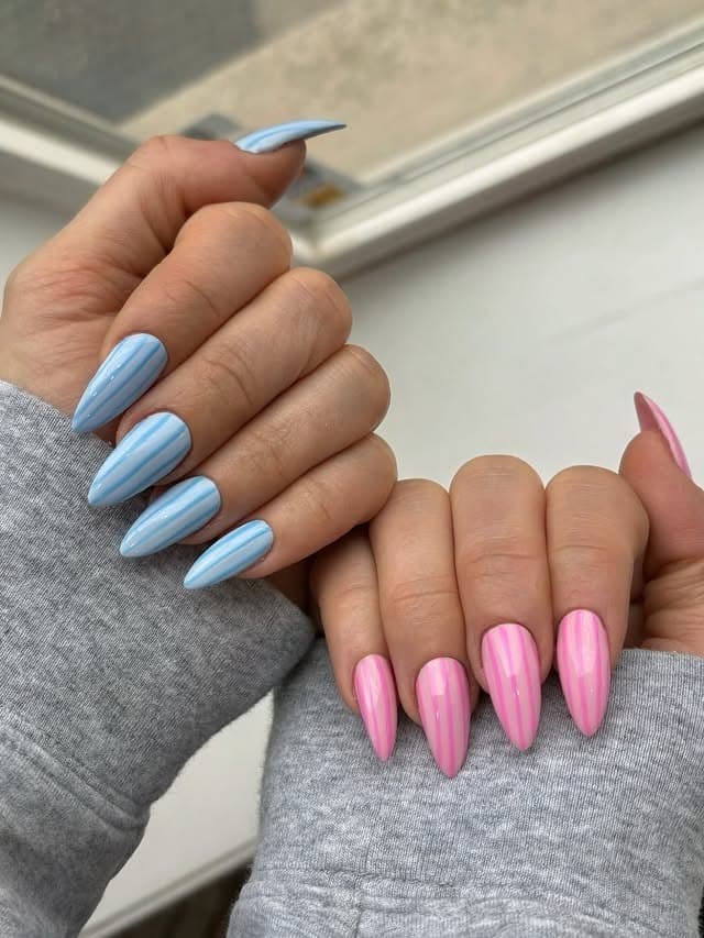 20. Pink and Blue Chrome Almond Nails - pink and blue nail ideas