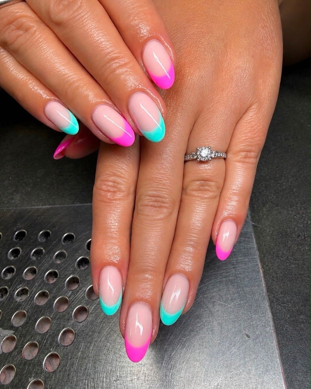 21. Neon Pink and Turquoise French Almond Nails - pink and blue nail ideas