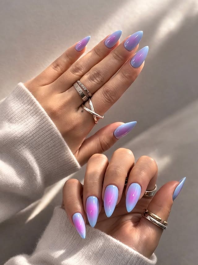 22. Pastel Pink and Blue Aura Almond Nails - pink and blue nail ideas