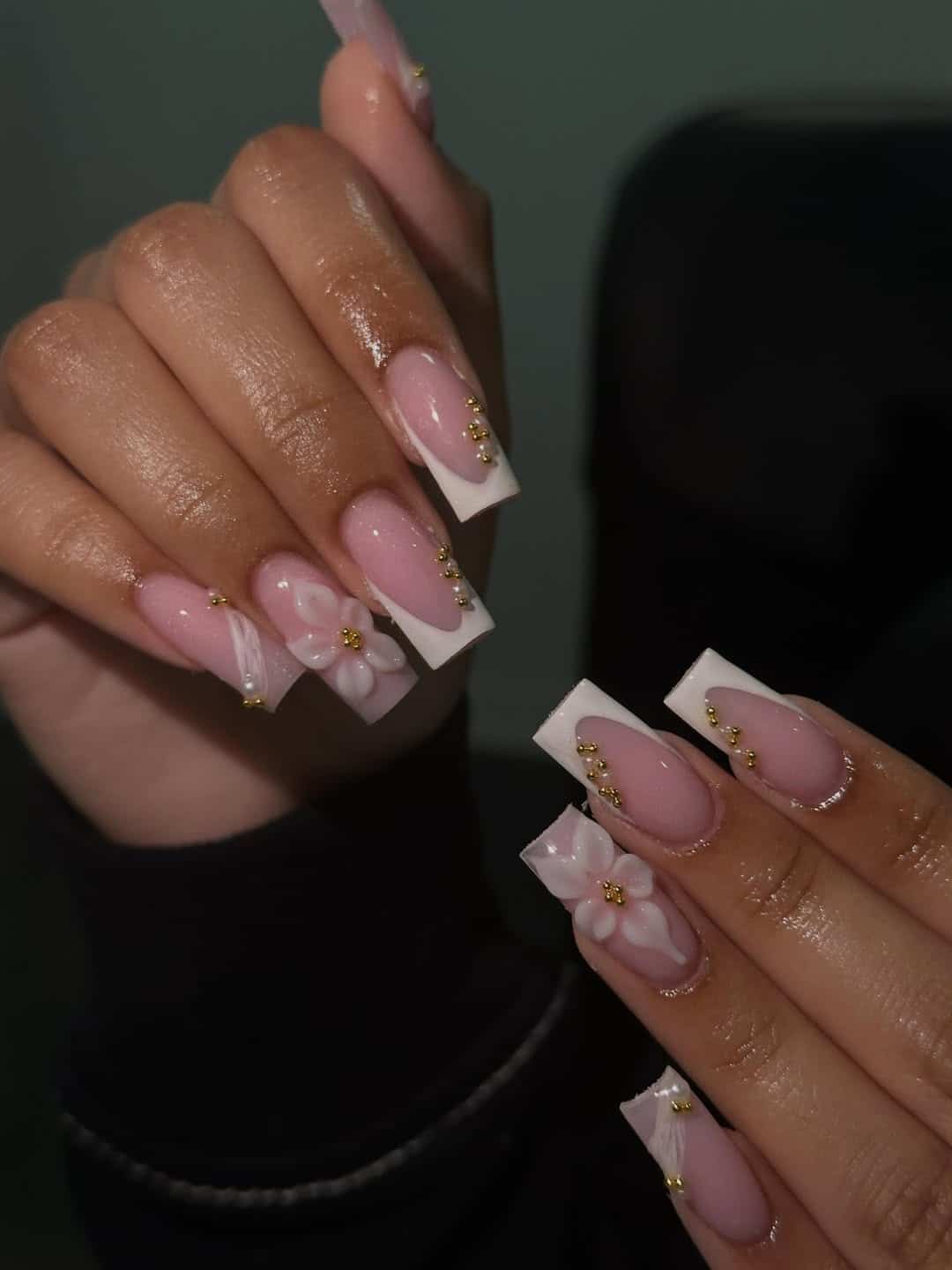2. Soft Pink and White Floral Square Nails - prom nail ideas