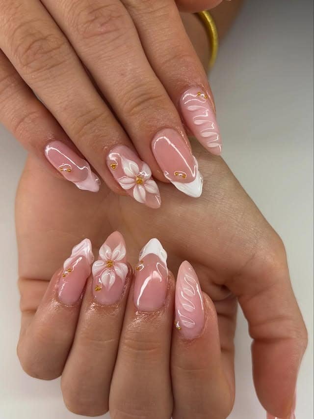 3. Blush Pink Floral Almond Nails - prom nail ideas