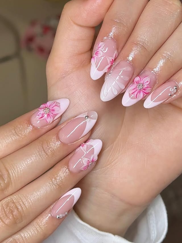 4. Pink and White Floral French Almond Nails - prom nail ideas