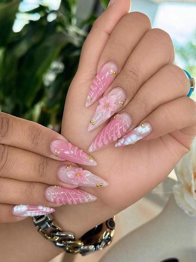 5. Pink 3D Floral Stiletto Nails - prom nail ideas