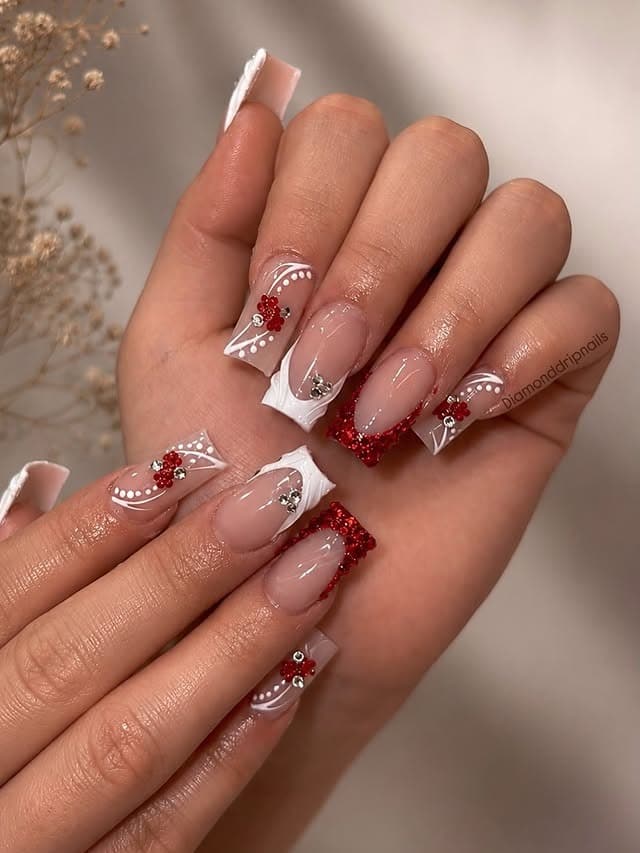 6. Red Glitter and White French Square Nails - prom nail ideas