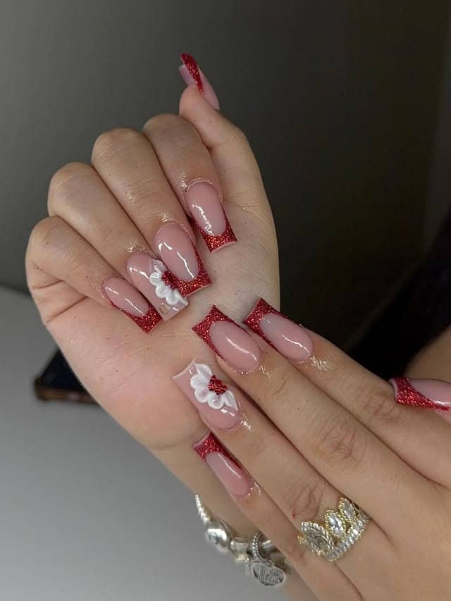 7. Red Glitter French Floral Square Nails - prom nail ideas