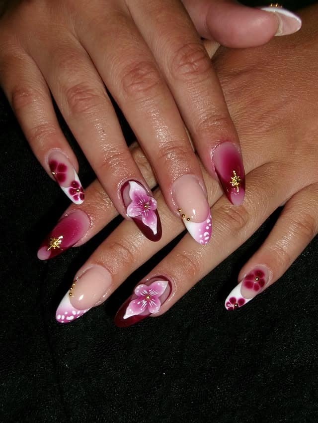 8. Burgundy and Pink Floral Almond Nails - prom nail ideas