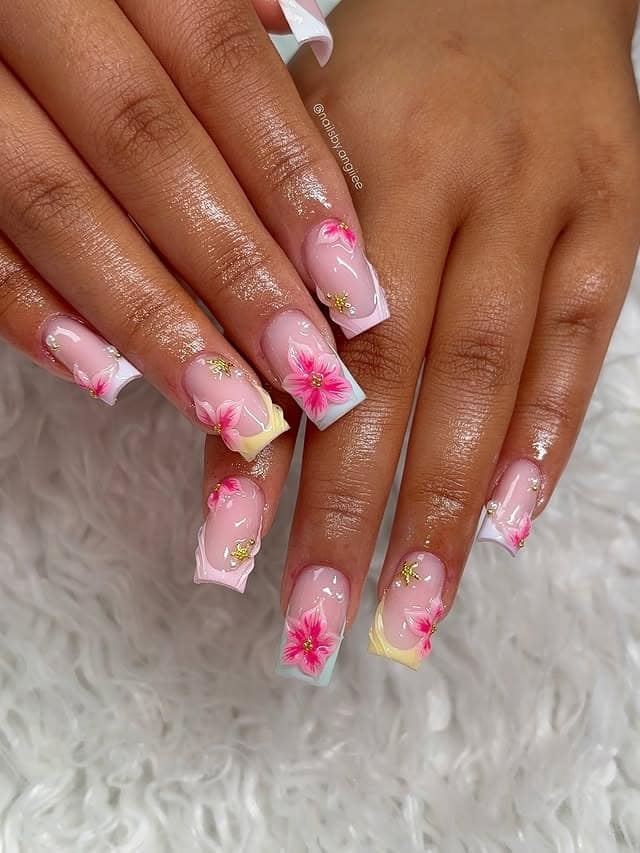 9. Pastel Pink Floral Square Nails - prom nail ideas