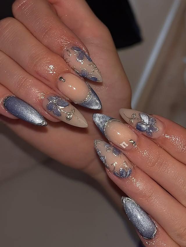 10. Silver Chrome Floral Almond Nails - prom nail ideas