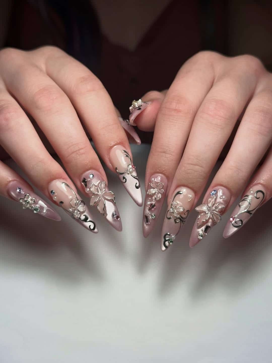 11. Blush Pink Silver Floral Stiletto Nails - prom nail ideas