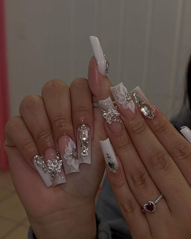 12. White French Crystal Square Nails - prom nail ideas