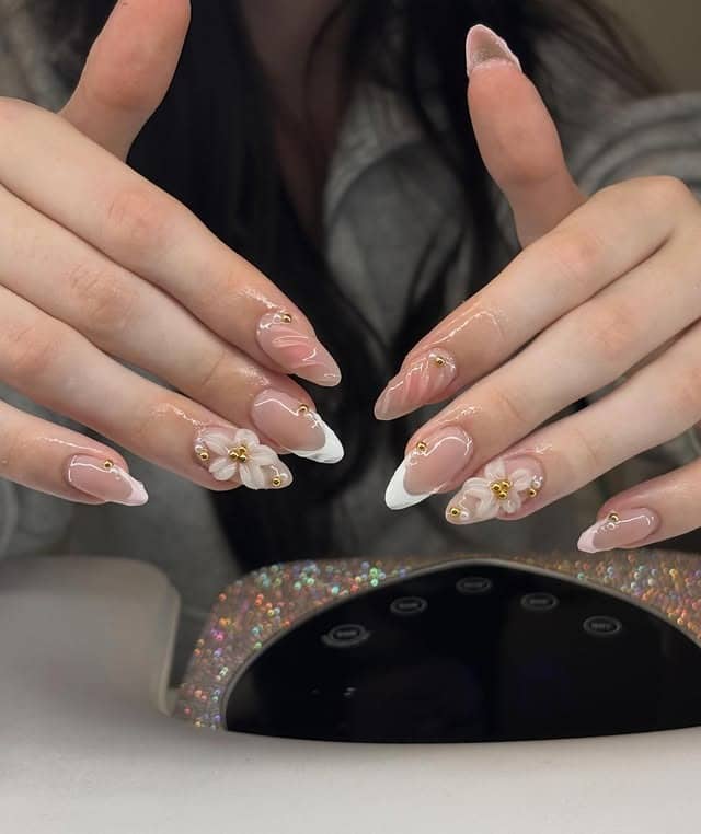 15. Blush Pink White French Floral Almond Nails - prom nail ideas