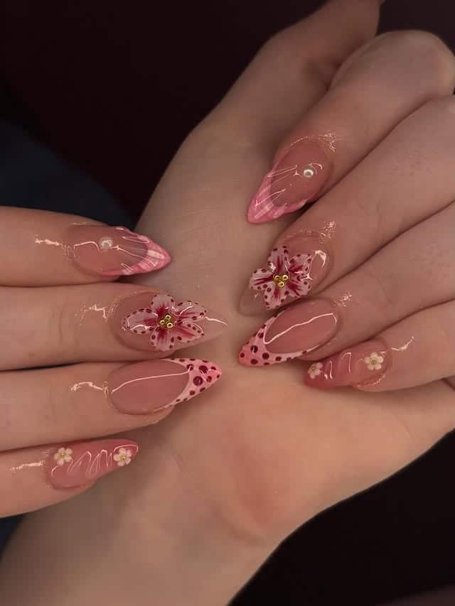 17. Dusty Pink Floral Almond Nails - prom nail ideas