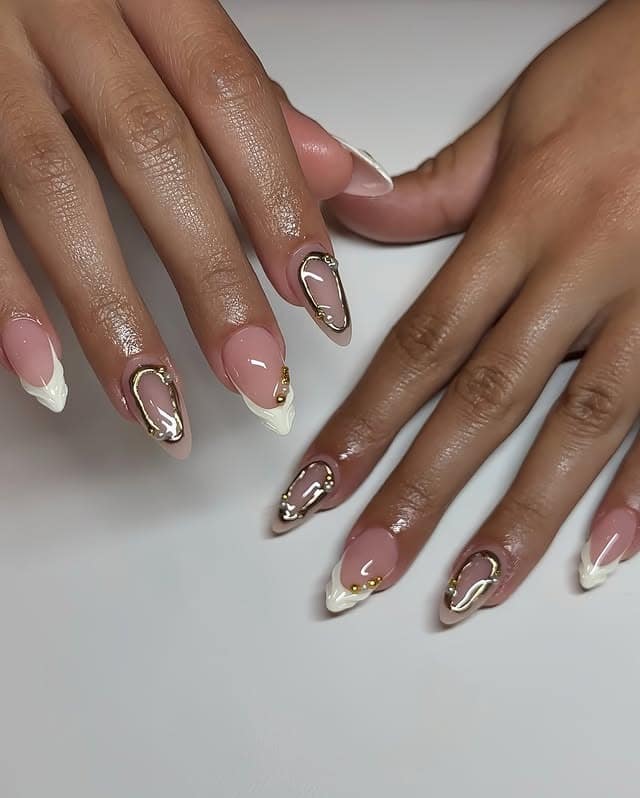 18. Nude White and Gold French Almond Nails - prom nail ideas