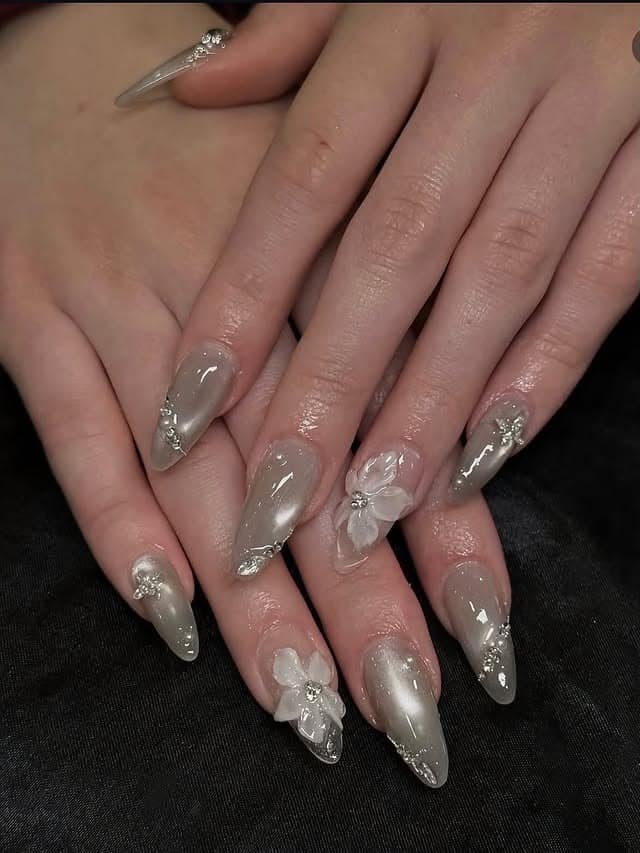 20. Pearl Silver Floral Almond Nails - prom nail ideas
