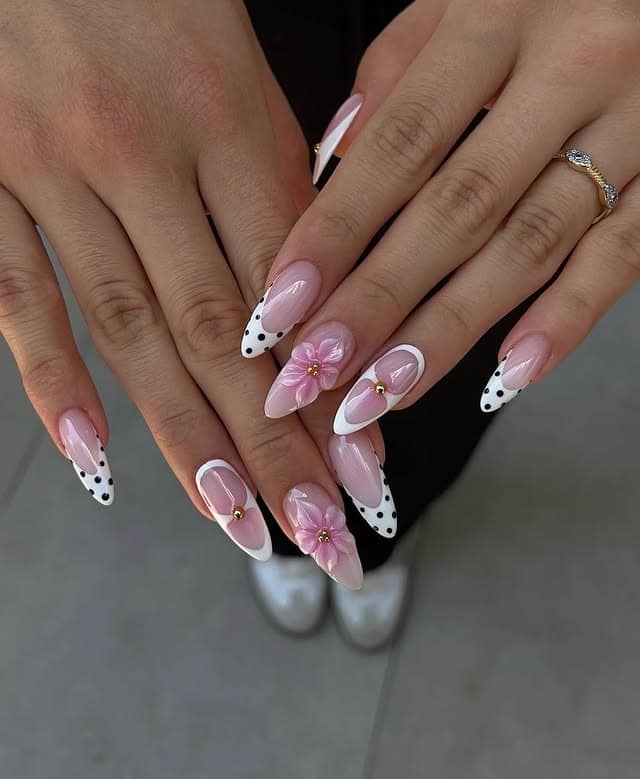 22. Pink Floral Polka Dot Almond Nails - prom nail ideas