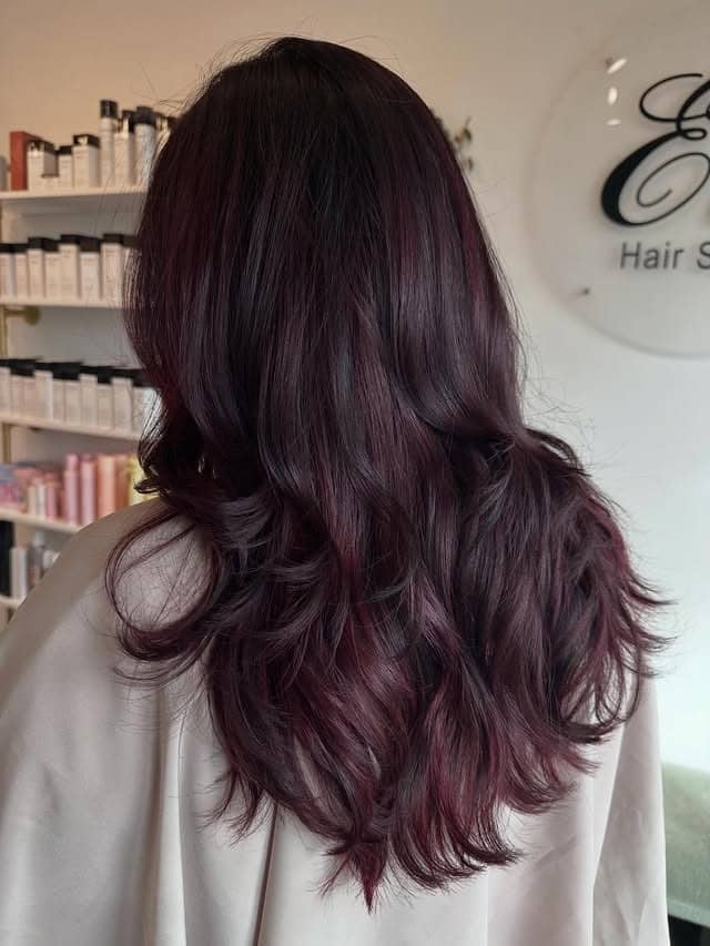 1. Deep Cherry Cola Layers with Soft Waves - Cherry Cola Hair Color