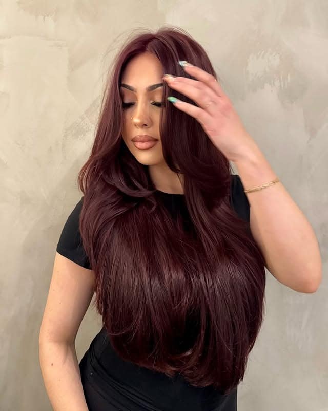 7. Rich Cherry Cola Hair with Long Blowout Layers - Cherry Cola Hair Color
