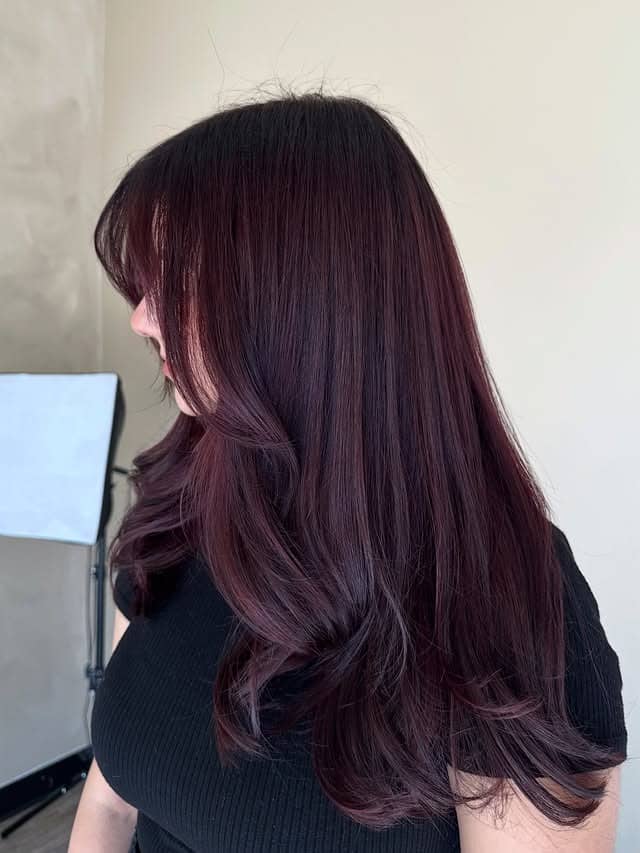 10. Plum Cherry Cola Hair with Feathered Layers - Cherry Cola Hair Color
