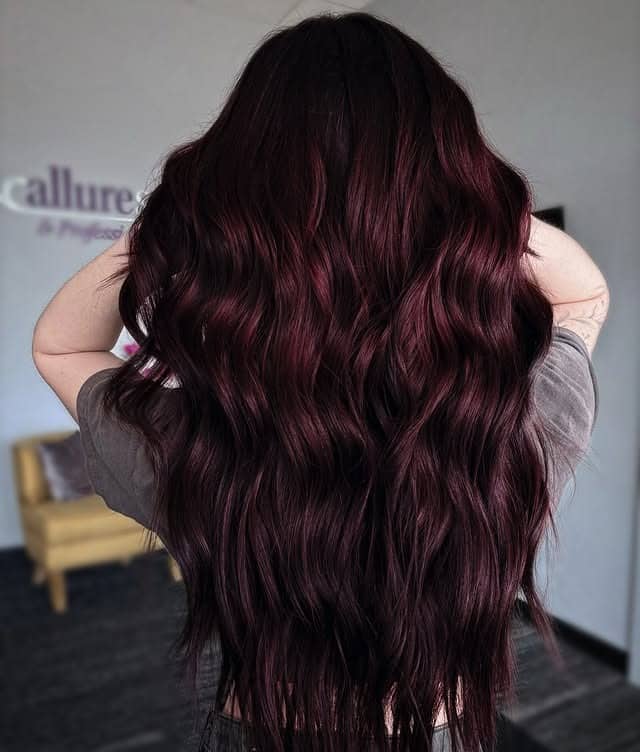 12. Black Cherry Cola Hair with Long Tousled Waves - Cherry Cola Hair Color