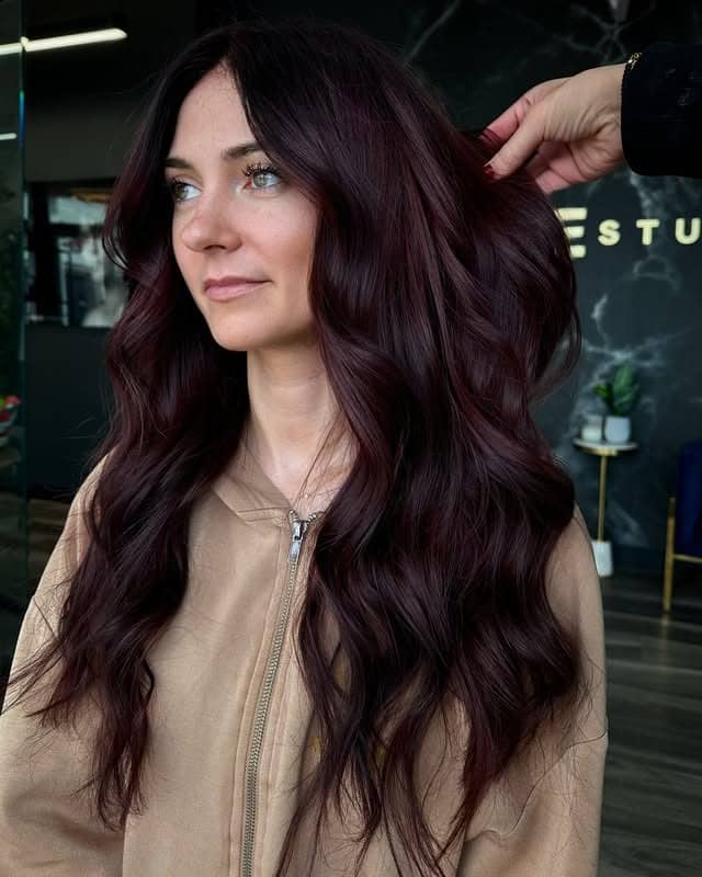15. Dark Cherry Cola Hair with Flowing Waves - Cherry Cola Hair Color