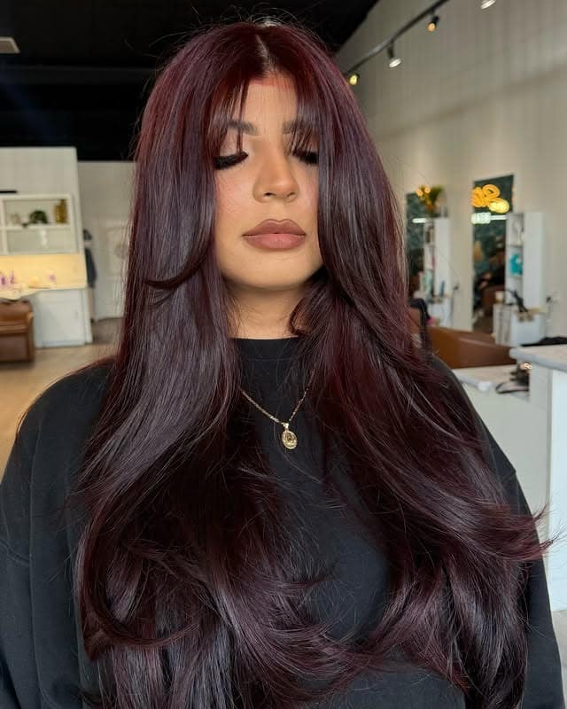 20. Dark Cherry Cola Hair with Curtain Layers - Cherry Cola Hair Color