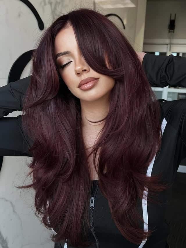 22. Dark Cherry Cola Hair with Butterfly Layers - Cherry Cola Hair Color