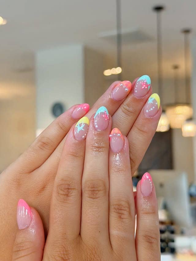 1. Pastel Rainbow French Almond Nails - simple summer nail ideas