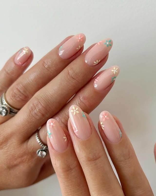 2. Nude Pink Mini Floral Almond Nails - simple summer nail ideas