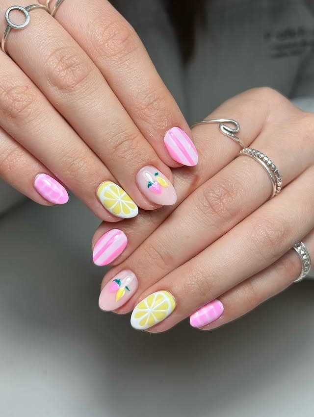 5. Pink Lemonade Fruit Nails - simple summer nail ideas