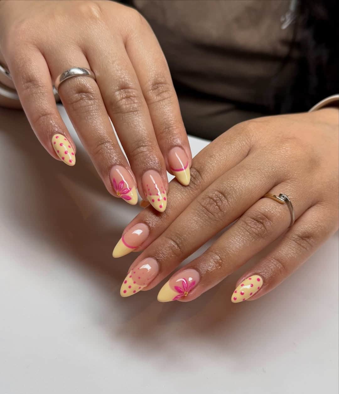 7. Butter Yellow Pink Floral Almond Nails - simple summer nail ideas