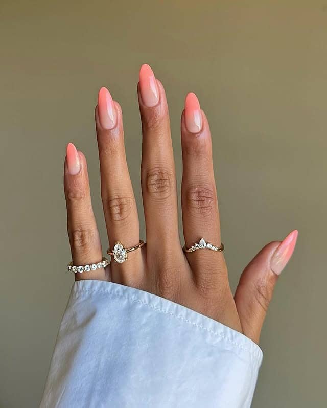 9. Coral Pink Ombre Almond Nails - simple summer nail ideas