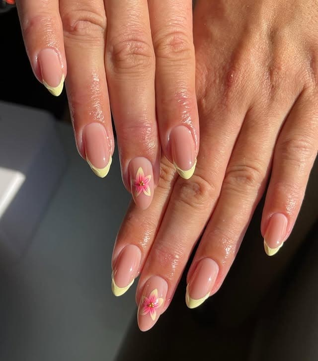 10. Pale Yellow Pink Floral French Nails - simple summer nail ideas