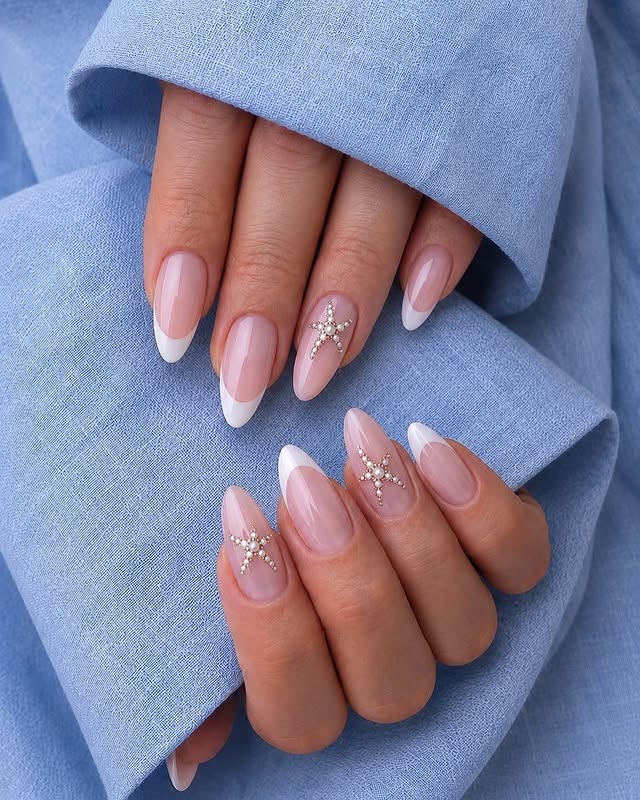11. White French Starfish Almond Nails - simple summer nail ideas