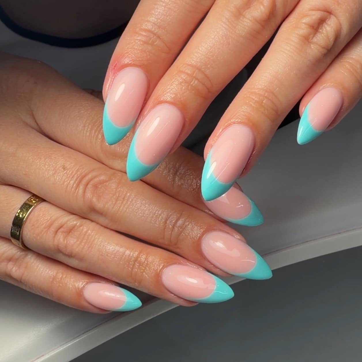 13. Turquoise French Almond Nails - simple summer nail ideas