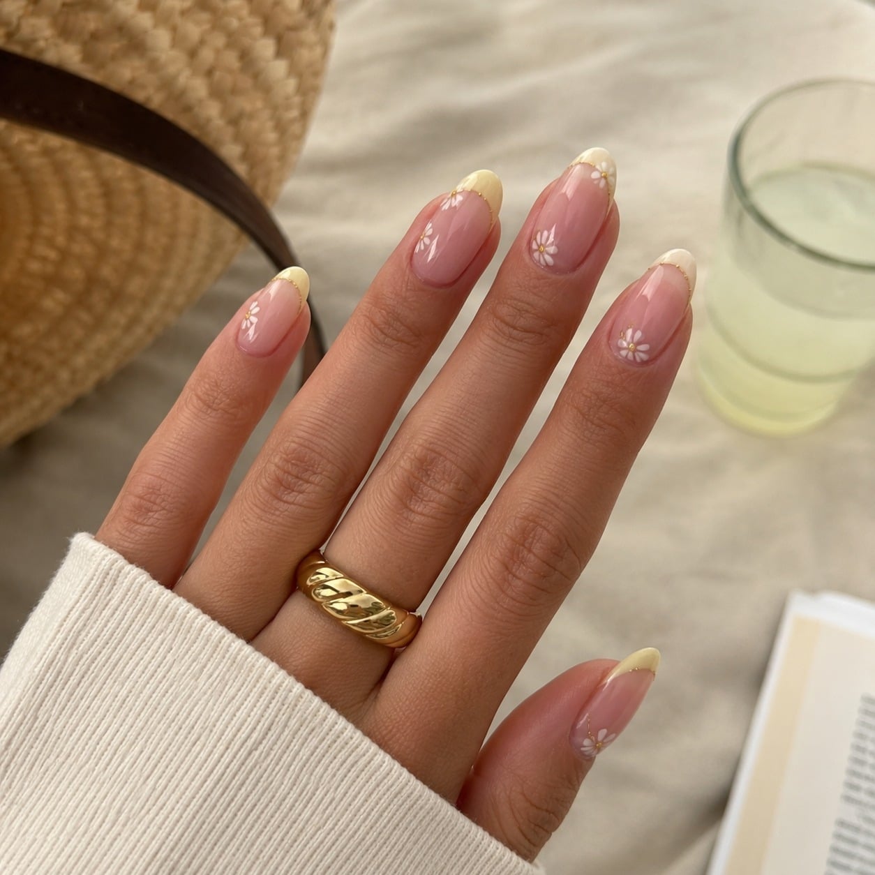 14. Pale Yellow Daisy French Almond Nails - simple summer nail ideas