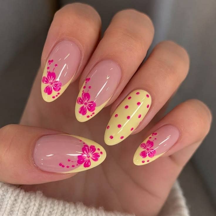 18. Yellow and Pink Floral Almond Nails - simple summer nail ideas