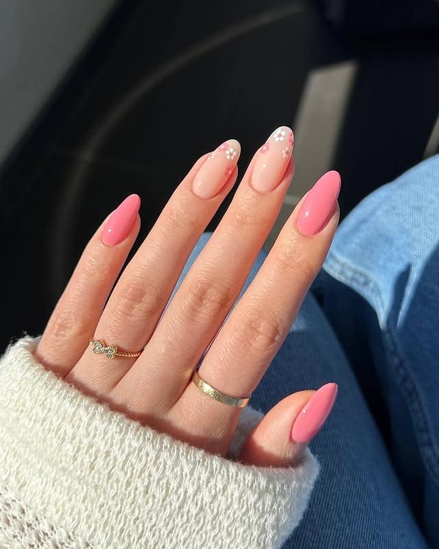 20. Coral Pink Floral Almond Nails - simple summer nail ideas