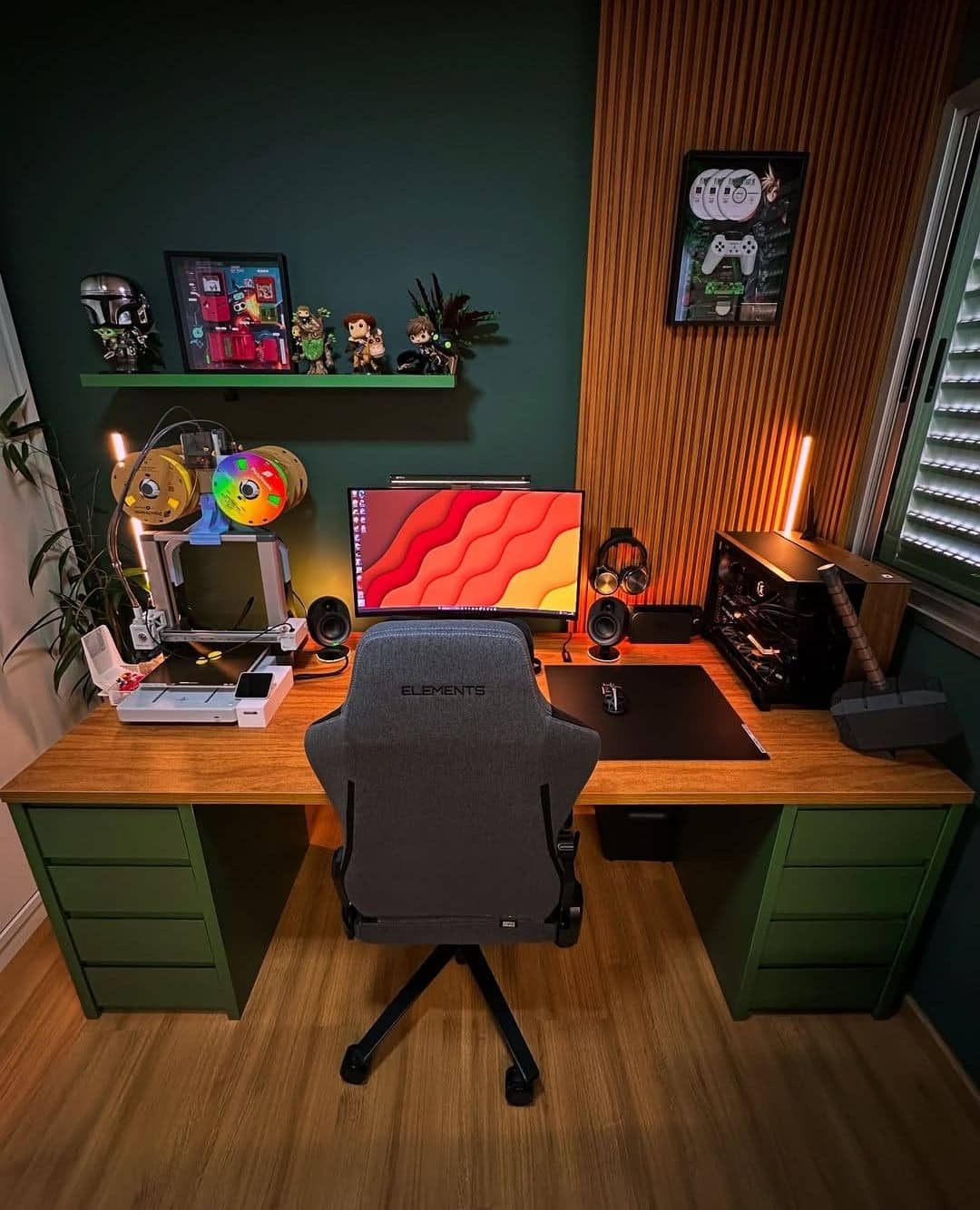 1. Forest Green and Warm Wood Gaming Office Idea - gaming office ideas