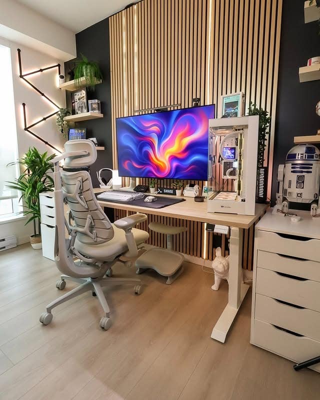 3. Natural Wood and White Gaming Office Idea - gaming office ideas