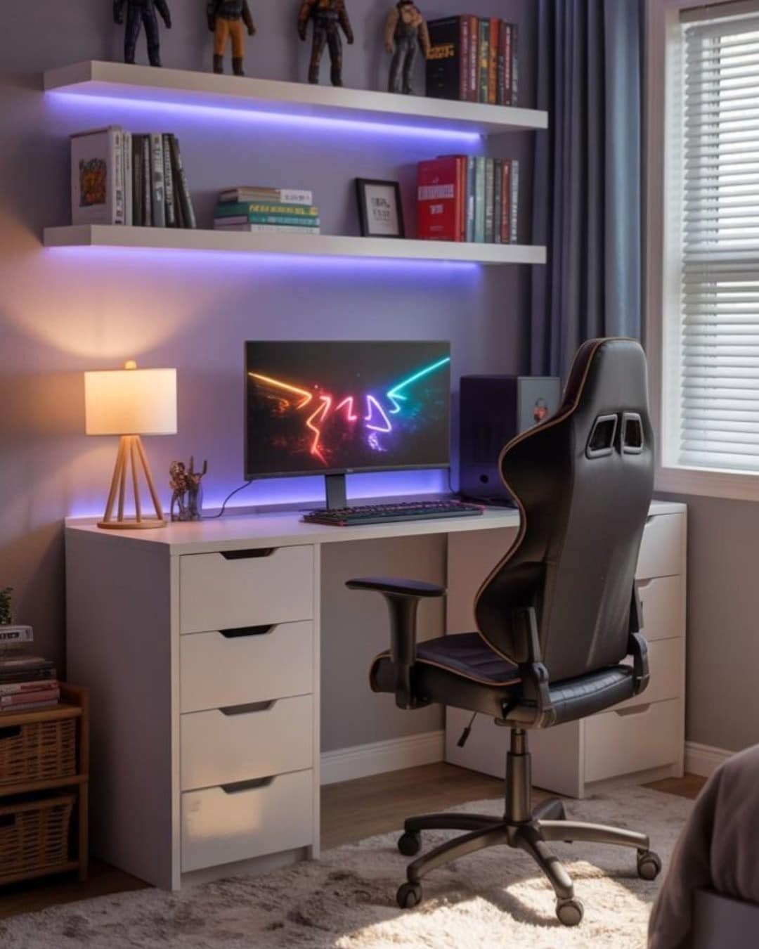 4. Soft Gray and Purple Gaming Office Idea - gaming office ideas