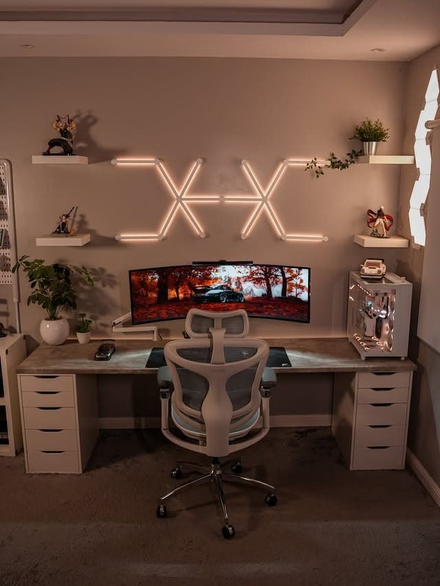 6. Warm Beige and White Gaming Office Idea - gaming office ideas