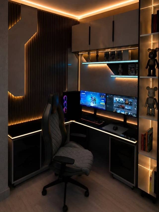 7. Charcoal Black and Amber Gaming Office Idea - gaming office ideas
