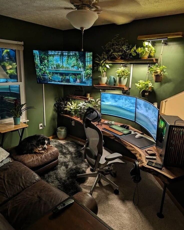 8. Dark Green and Natural Wood Gaming Office Idea - gaming office ideas