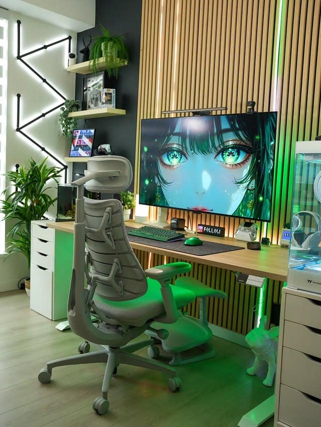 9. Green, White and Light Wood Gaming Office Idea - gaming office ideas
