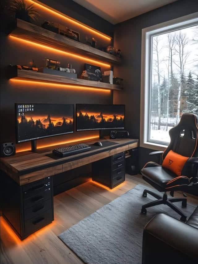 11. Charcoal and Amber Gaming Office Idea - gaming office ideas